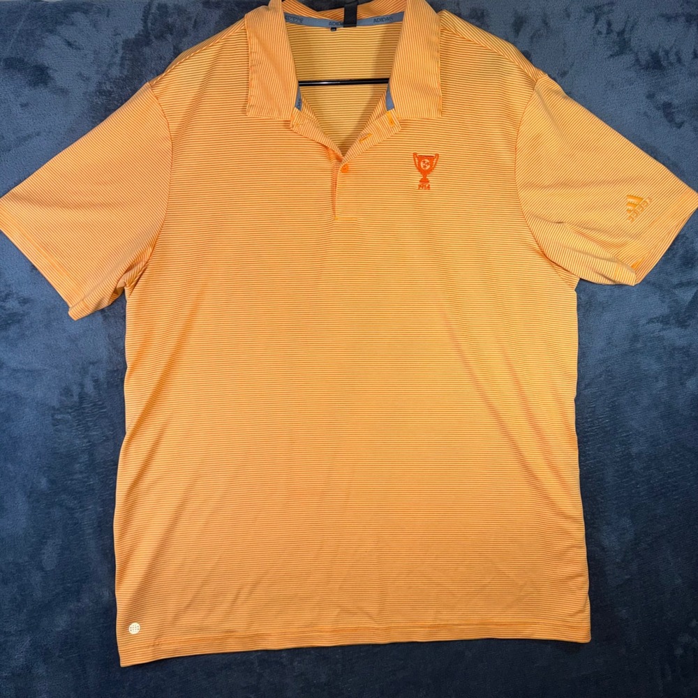 Mens XL Adidas Polo Shirt Orange Striped Excellent Trophy 1914 Short Sleeve